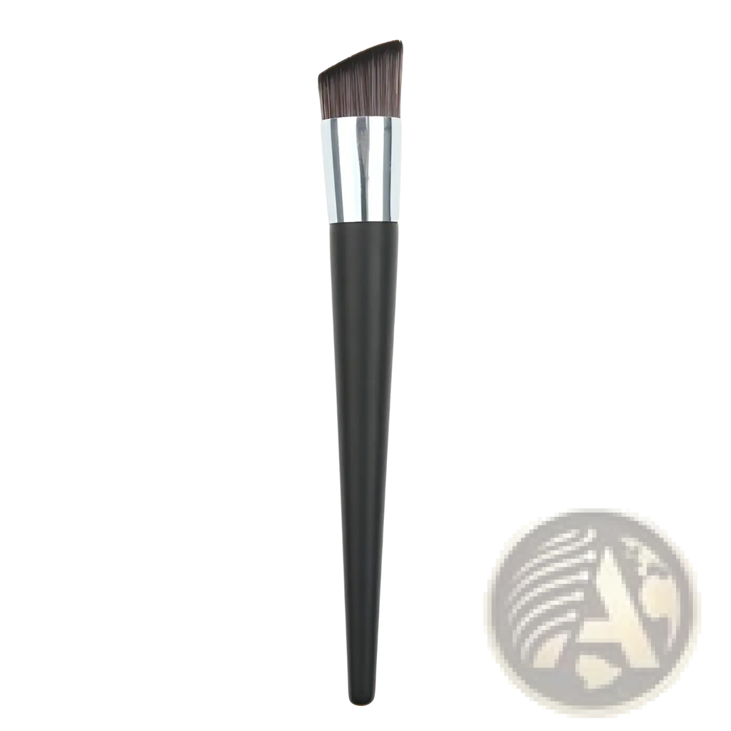 Black angled foundation brush with silver ferrule and dark brown bristles wooden handle makeup tool