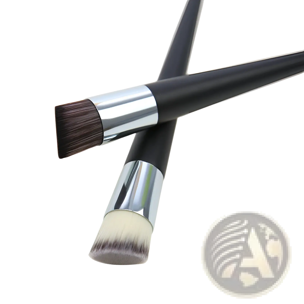 Two black-handled foundation brushes with silver ferrules featuring dense white and angled dark brown bristles