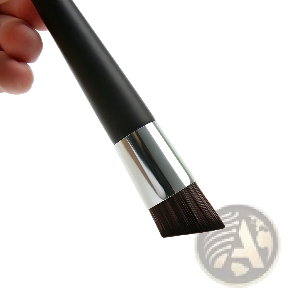 Foundation brush with black wooden handle silver ferrule and dark brown angled bristles for makeup application
