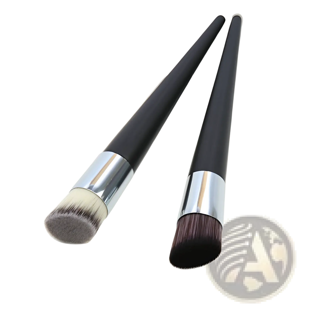 Two black handled foundation brushes with silver ferrules and soft dense bristles one round and one angled wooden handle