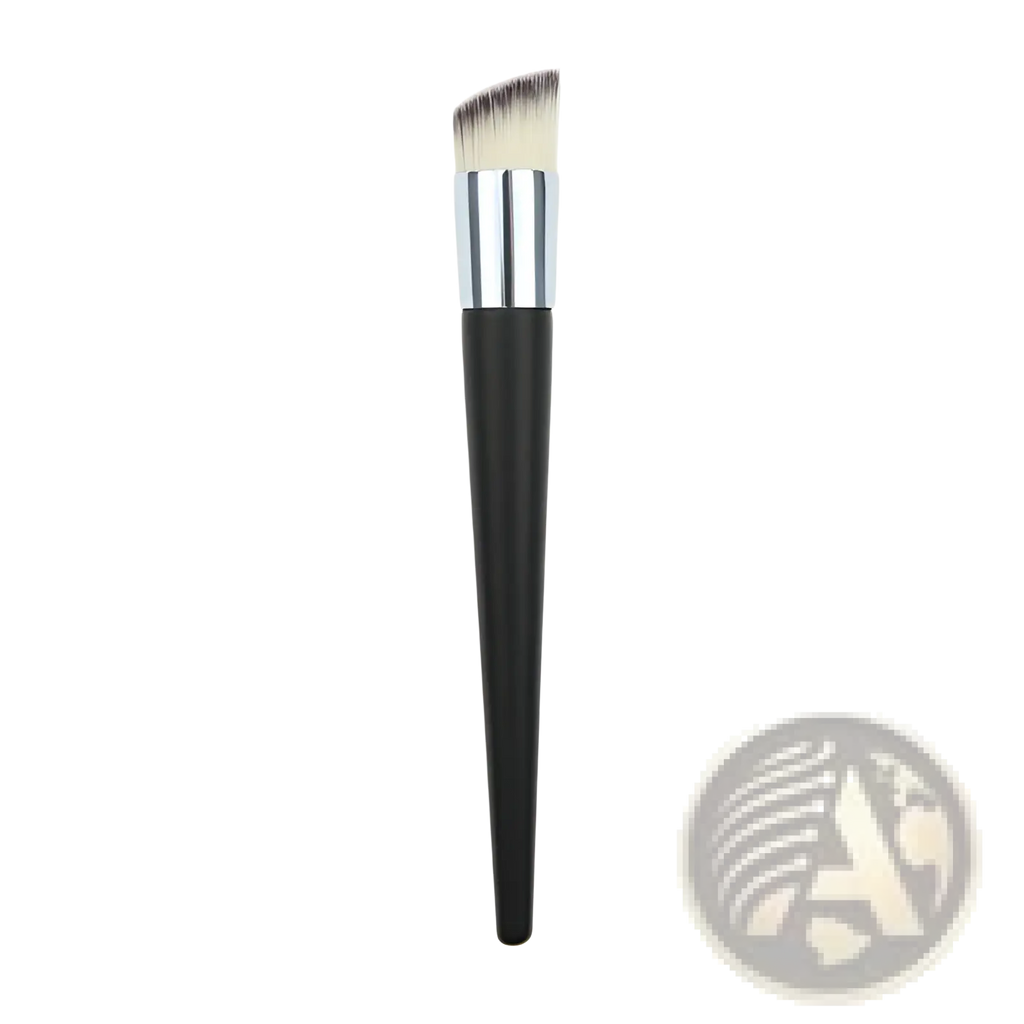 Black angled foundation brush with silver ferrule wooden handle and soft white bristles for precise makeup application