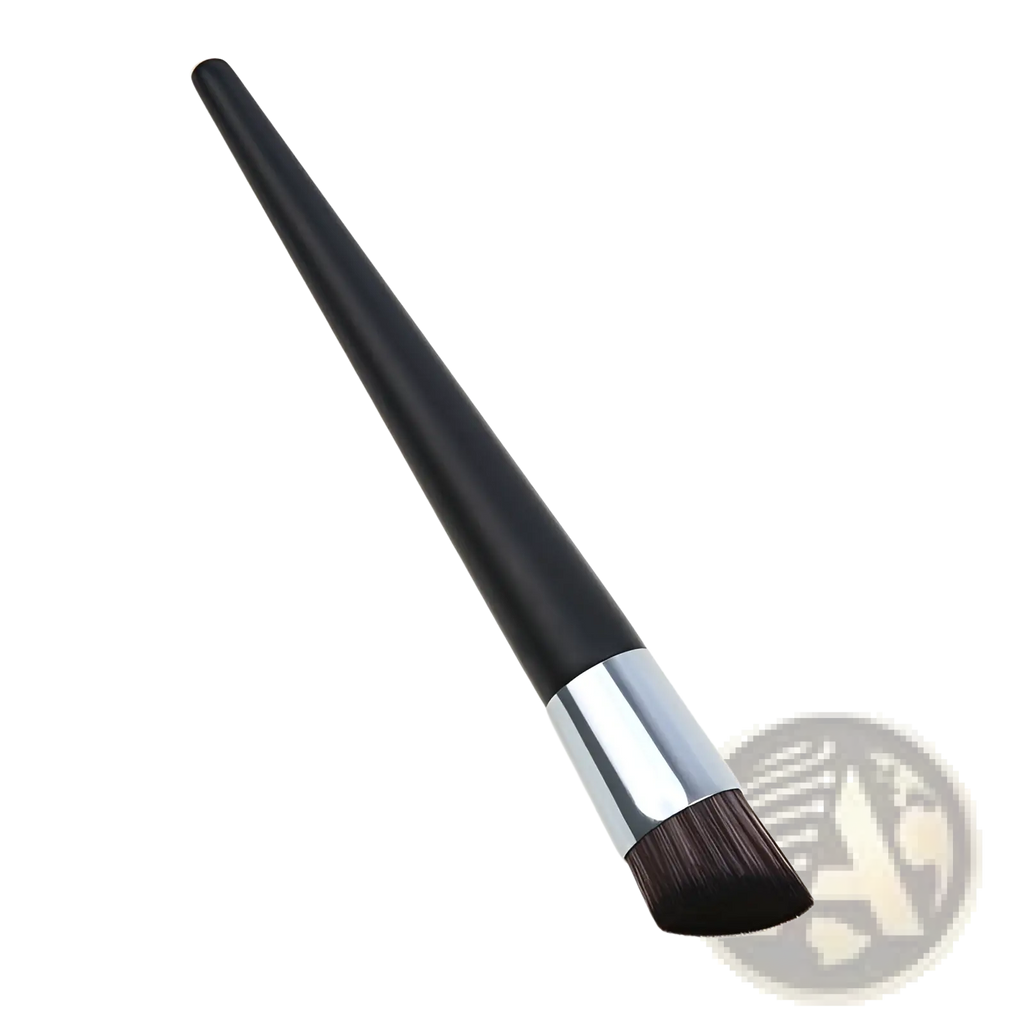 Foundation brush with black tapered wooden handle and silver ferrule holding dense dark brown bristles angled for makeup application