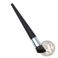 Foundation brush with black tapered wooden handle and silver ferrule holding dense dark brown bristles angled for makeup application