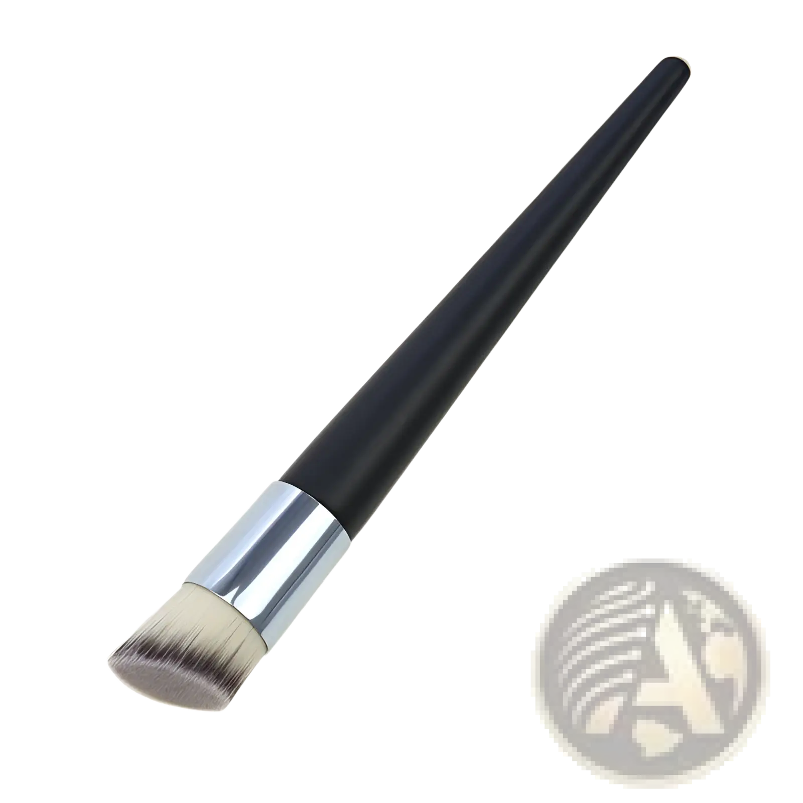 Black handle foundation brush with silver ferrule and soft white bristles angled wooden makeup tool