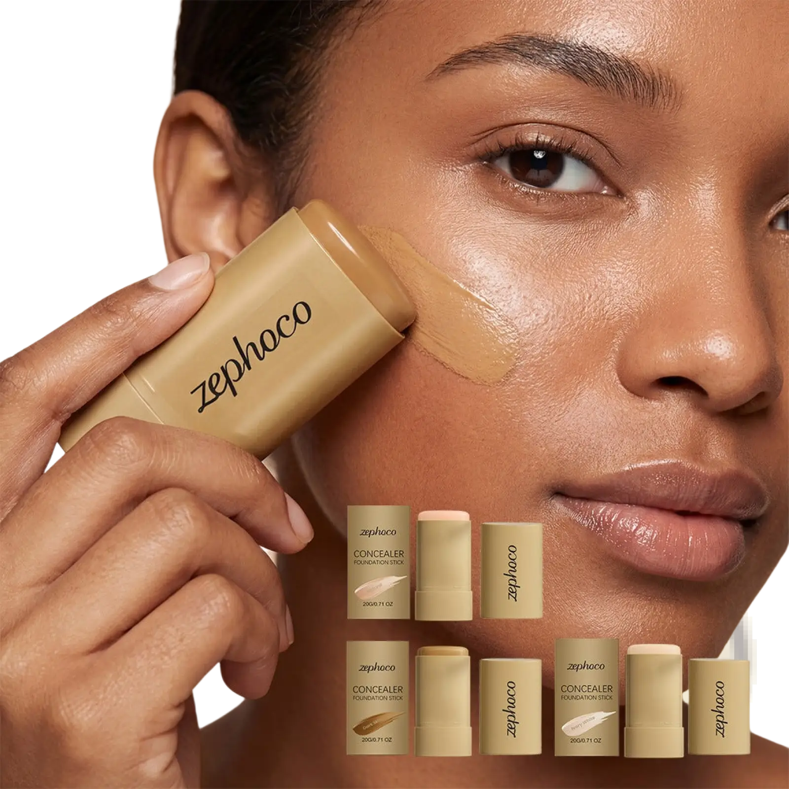 Beige zephoco foundation stick with matte finish and minimalist branding for natural concealing makeup use