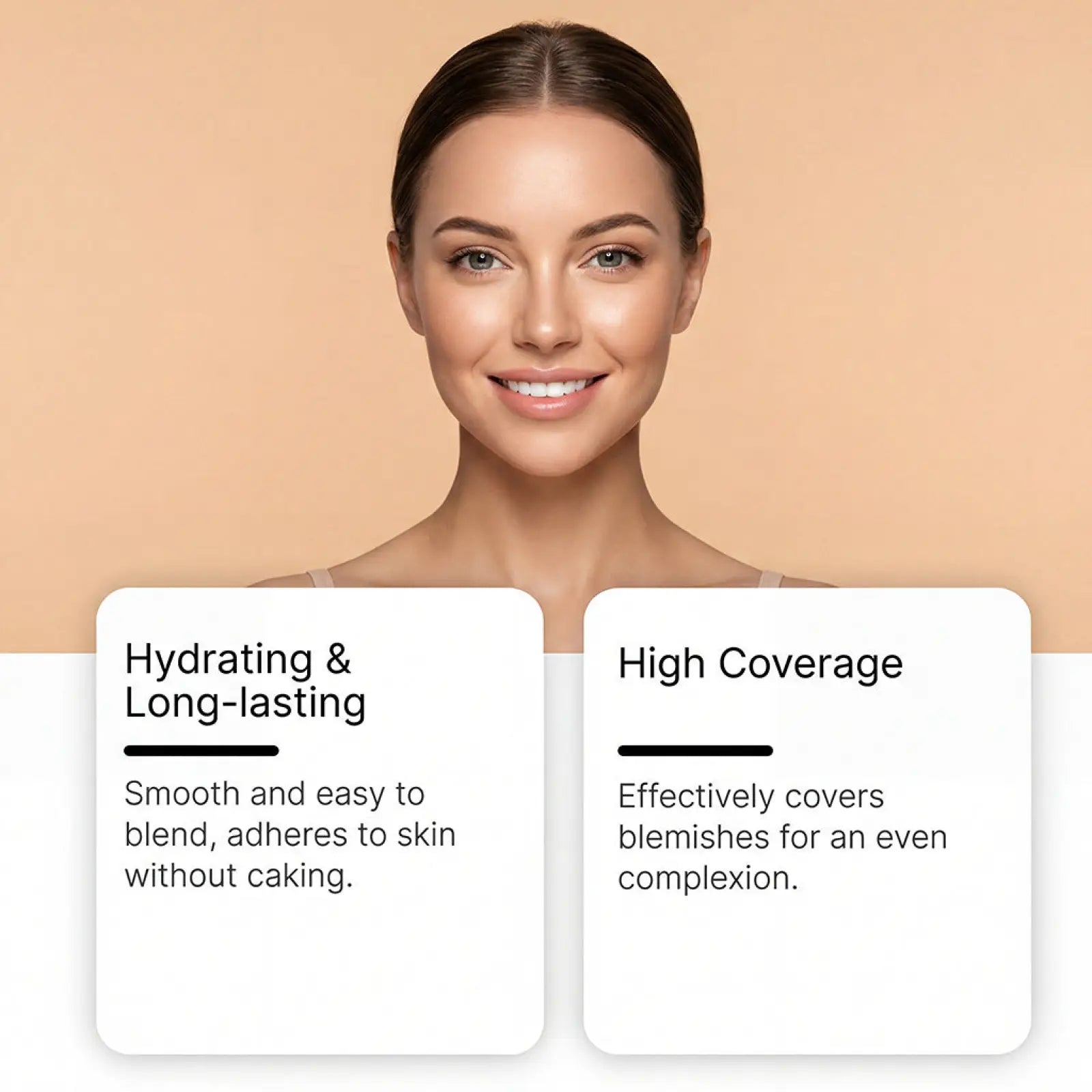 A woman with smooth even-toned skin smiling using foundation stick zephoco natural concealing makeup