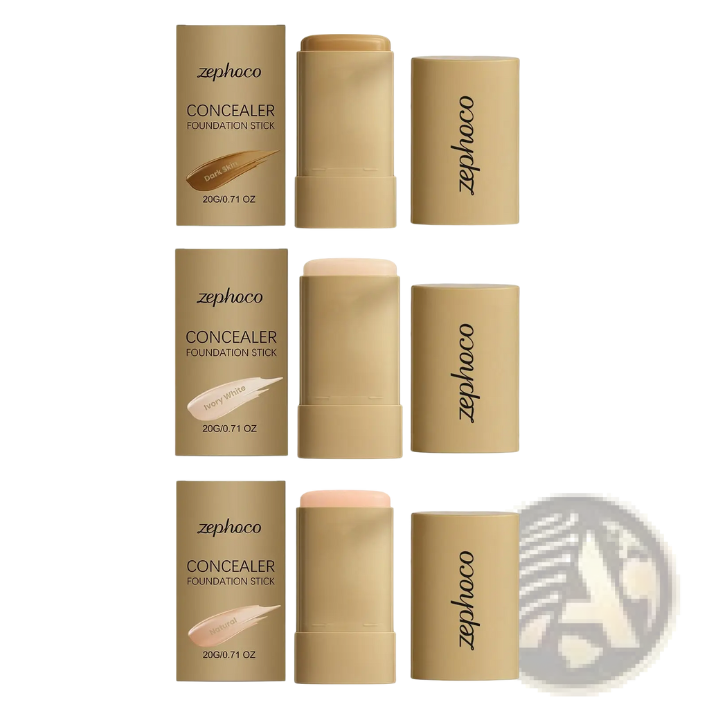 Foundation stick Zephoco natural concealing makeup in three shades with beige cylindrical packaging for diverse skin tones