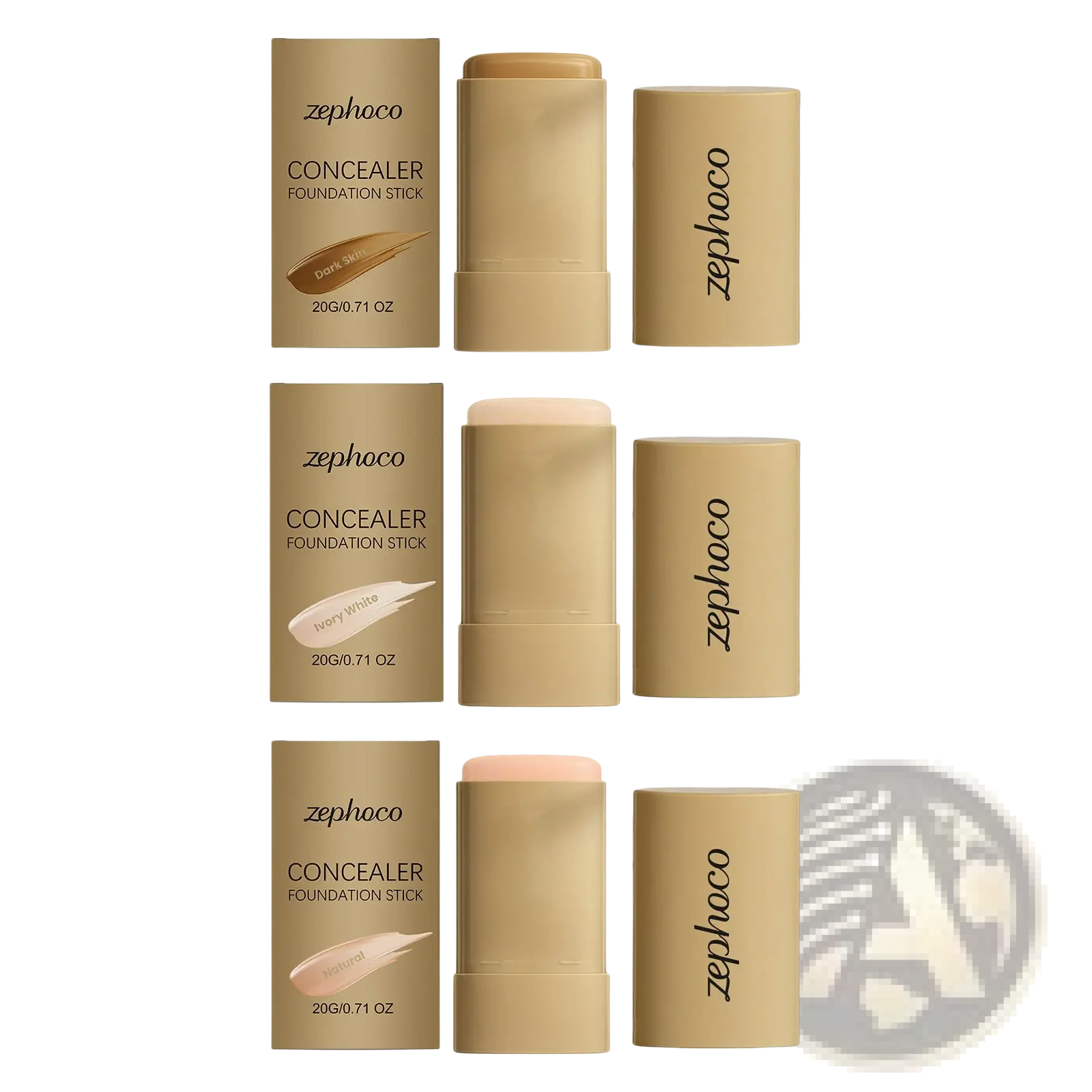 Foundation stick Zephoco natural concealing makeup in three shades with beige cylindrical packaging for diverse skin tones