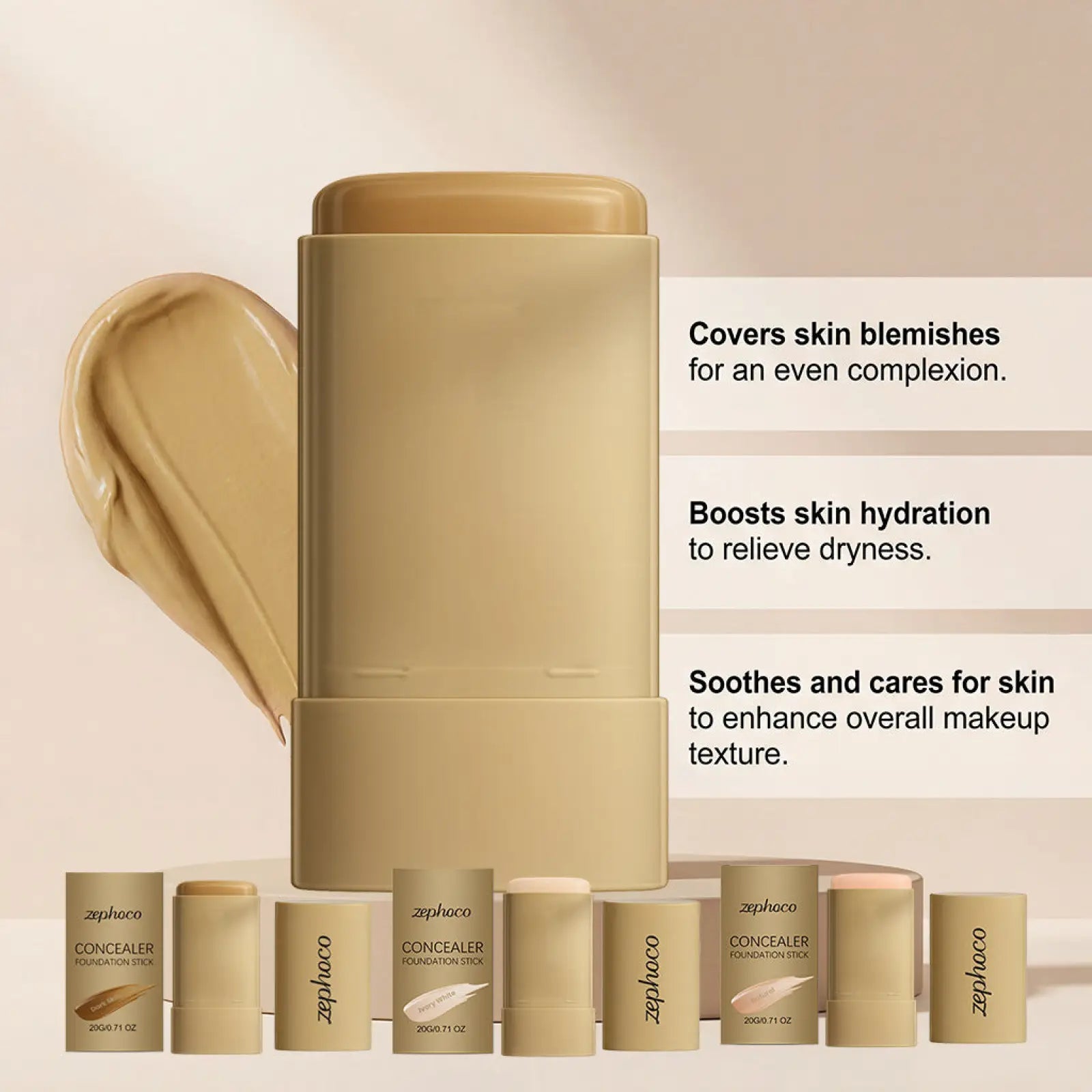 Beige zephaco natural concealing foundation stick with sleek cylindrical design and matte finish for makeup use