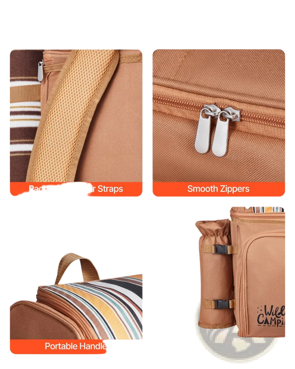 Tan canvas insulated picnic backpack for four persons with striped fabric accents and detachable wine cooler