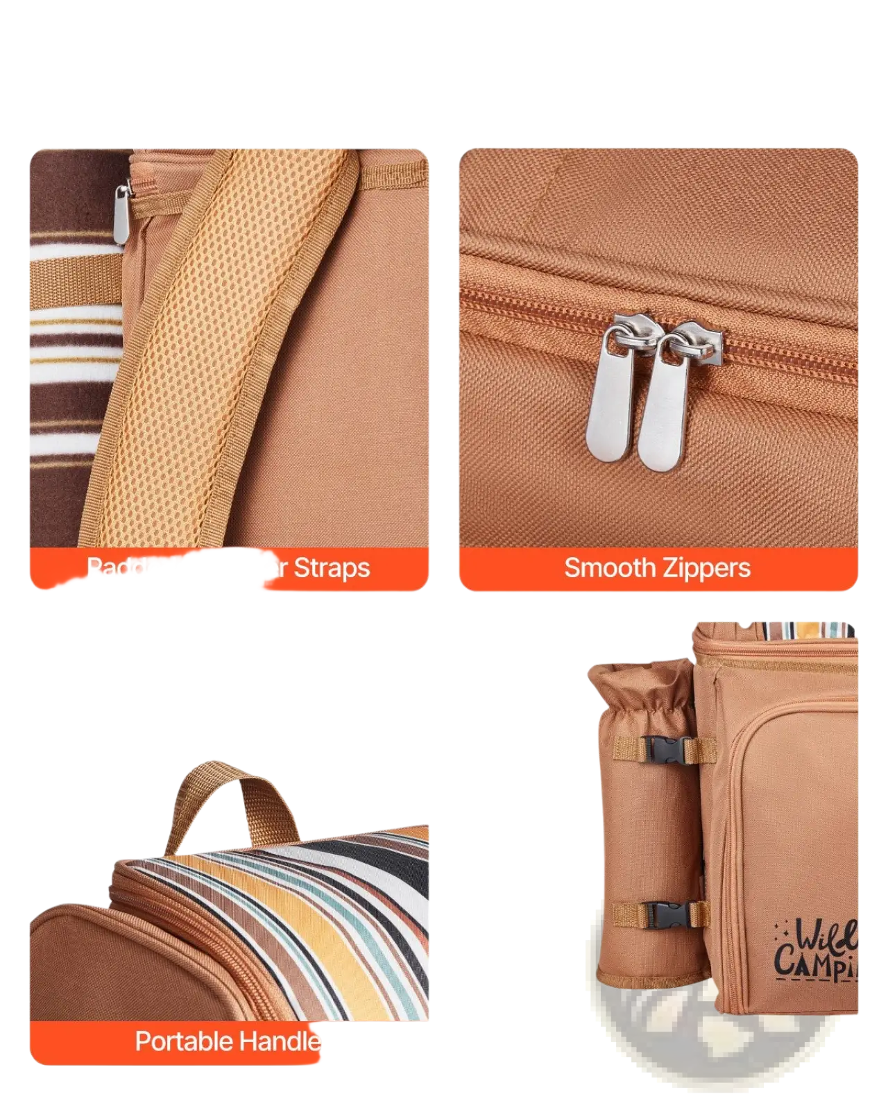 Tan canvas insulated picnic backpack for four persons with striped fabric accents and detachable wine cooler