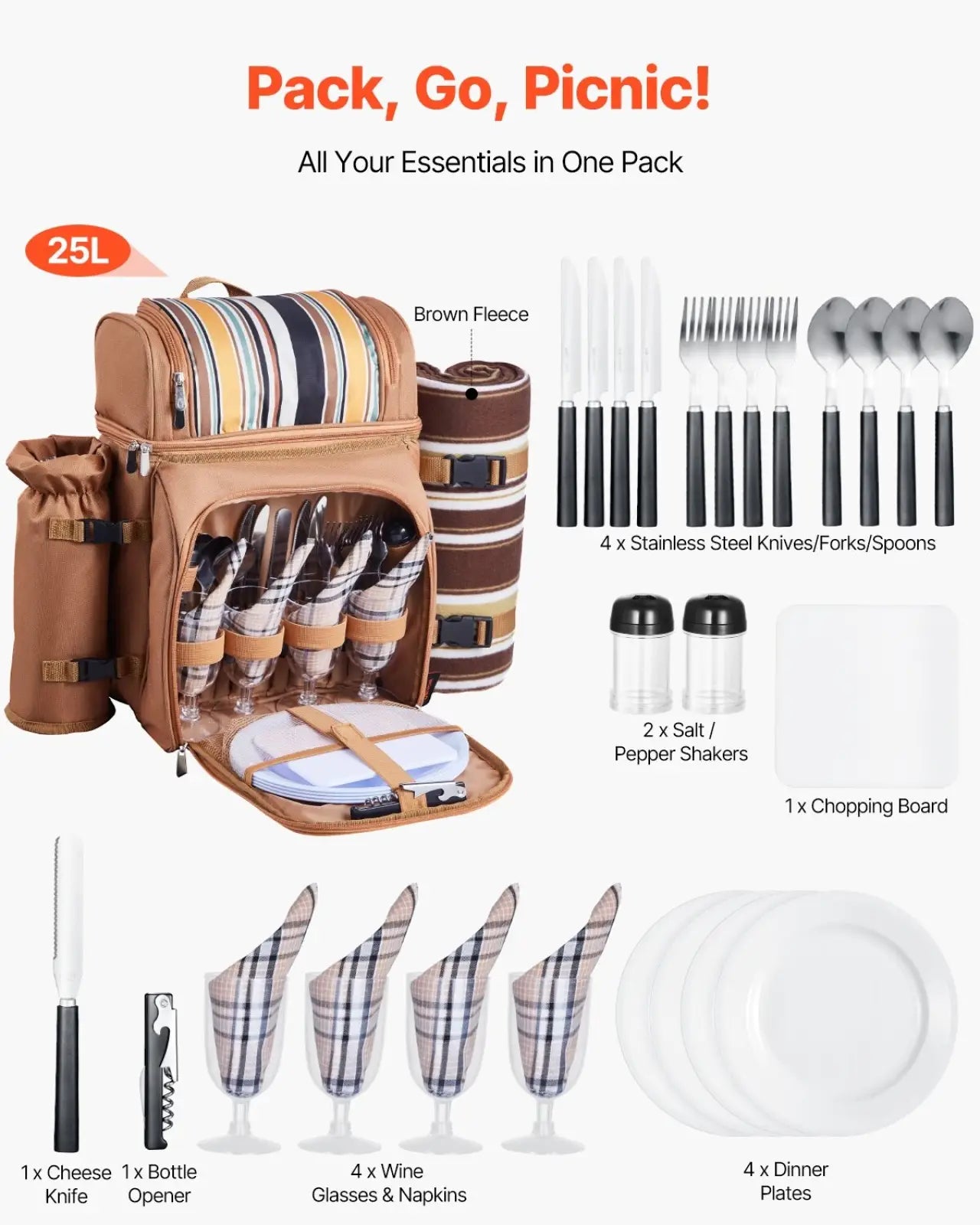 Brown fleece insulated canvas picnic backpack with striped pattern and compartments for four person picnic essentials