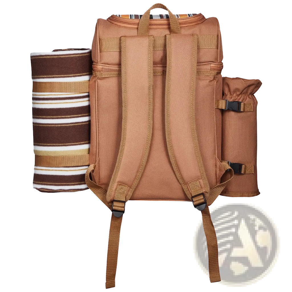 Tan canvas four person insulated picnic backpack with rolled-up striped blanket and insulated bottle holder