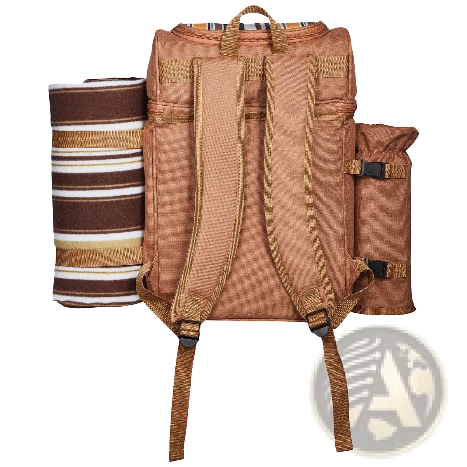 Tan canvas four person insulated picnic backpack with rolled-up striped blanket and insulated bottle holder
