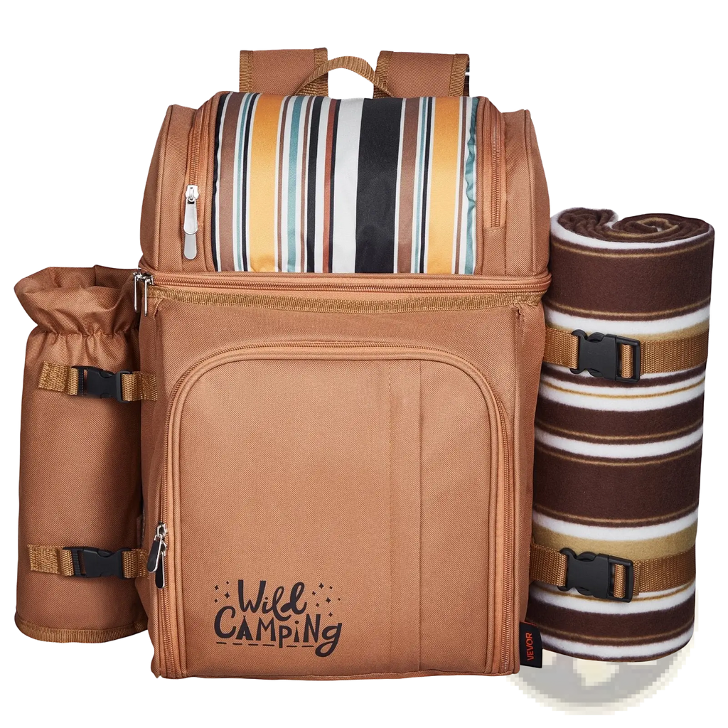 Tan insulated canvas picnic backpack with striped interior and matching rolled blanket featuring wild camping branding
