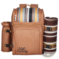 Tan insulated canvas picnic backpack with striped interior and matching rolled blanket featuring wild camping branding