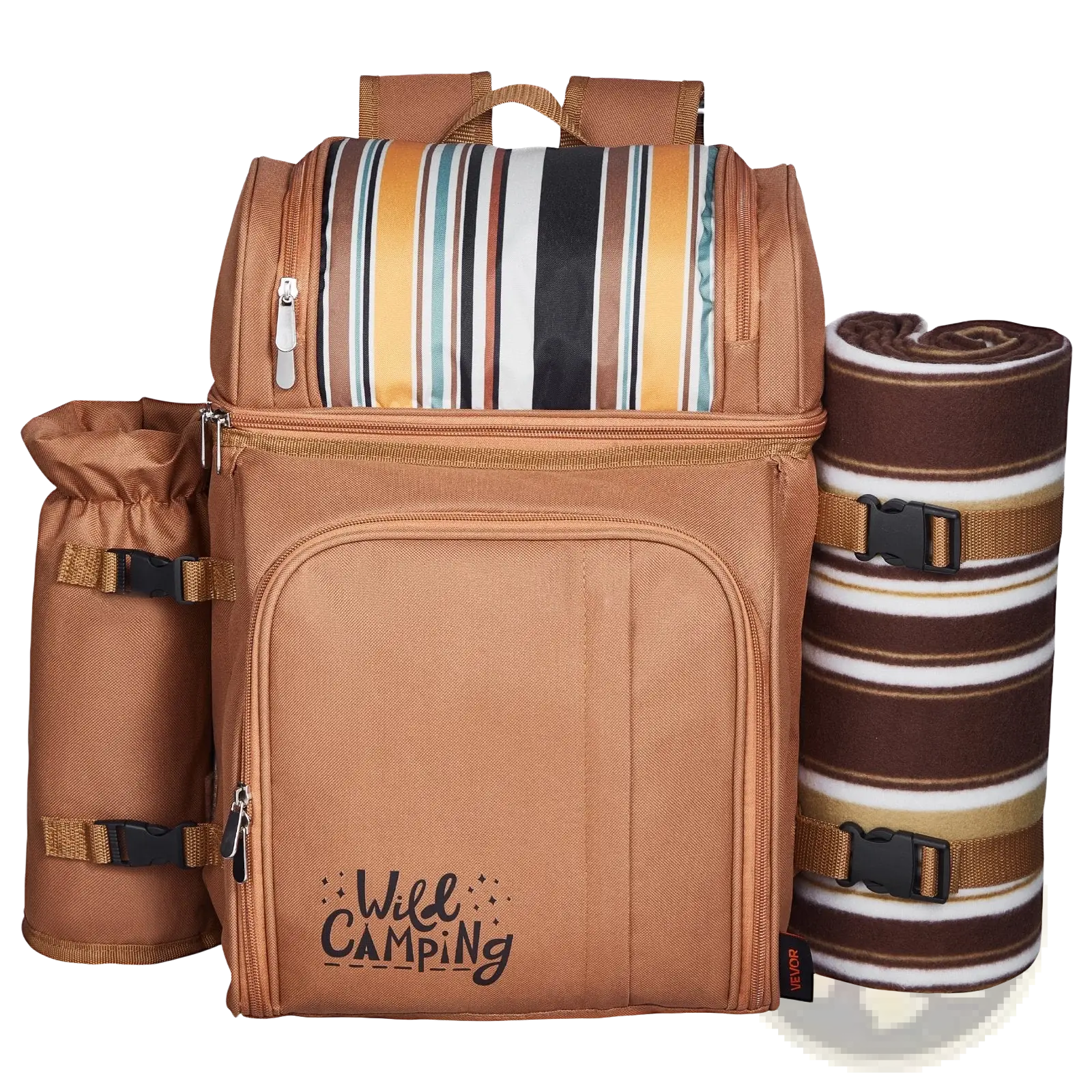 Tan insulated canvas picnic backpack with striped interior and matching rolled blanket featuring wild camping branding