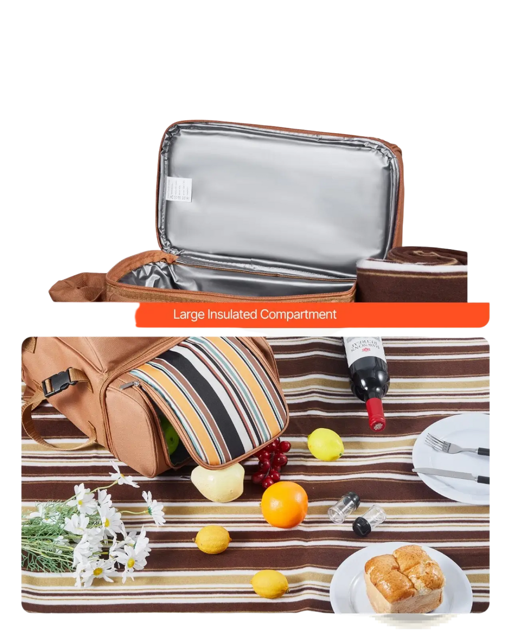 Brown insulated canvas picnic cooler with silver-lined interior and striped fabric inside in four person backpack set