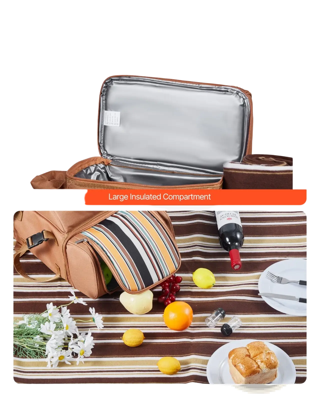 Brown insulated canvas picnic cooler with silver-lined interior and striped fabric inside in four person backpack set