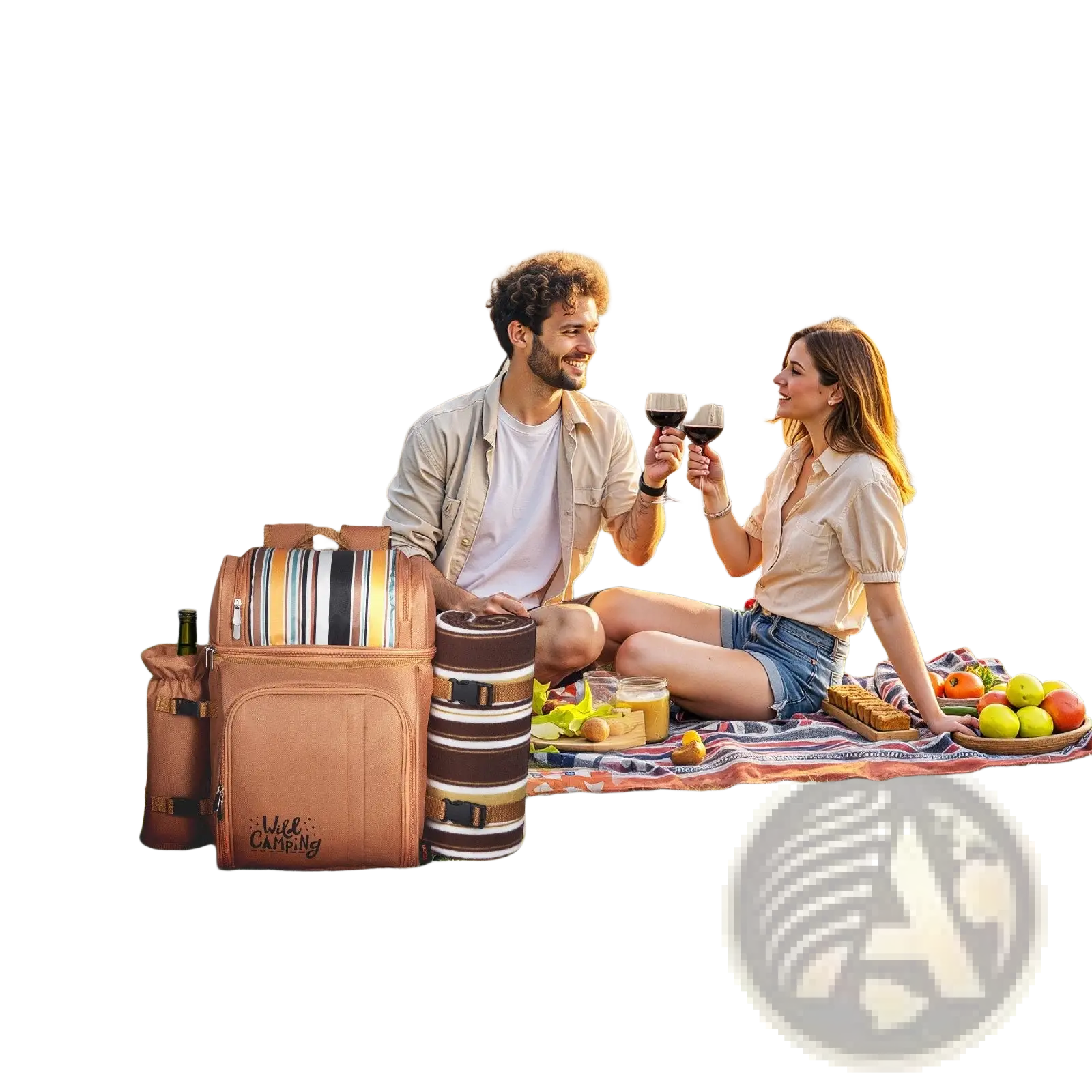 Four person insulated canvas picnic backpack with blanket in brown featuring striped panels black straps and wild camping logo