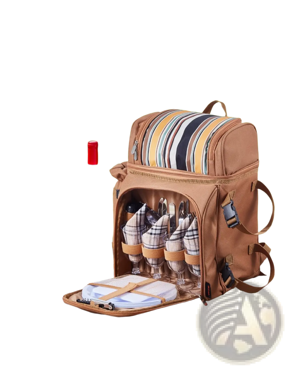 Brown striped insulated canvas picnic backpack with 600d oxford fabric featuring organized compartments for four people