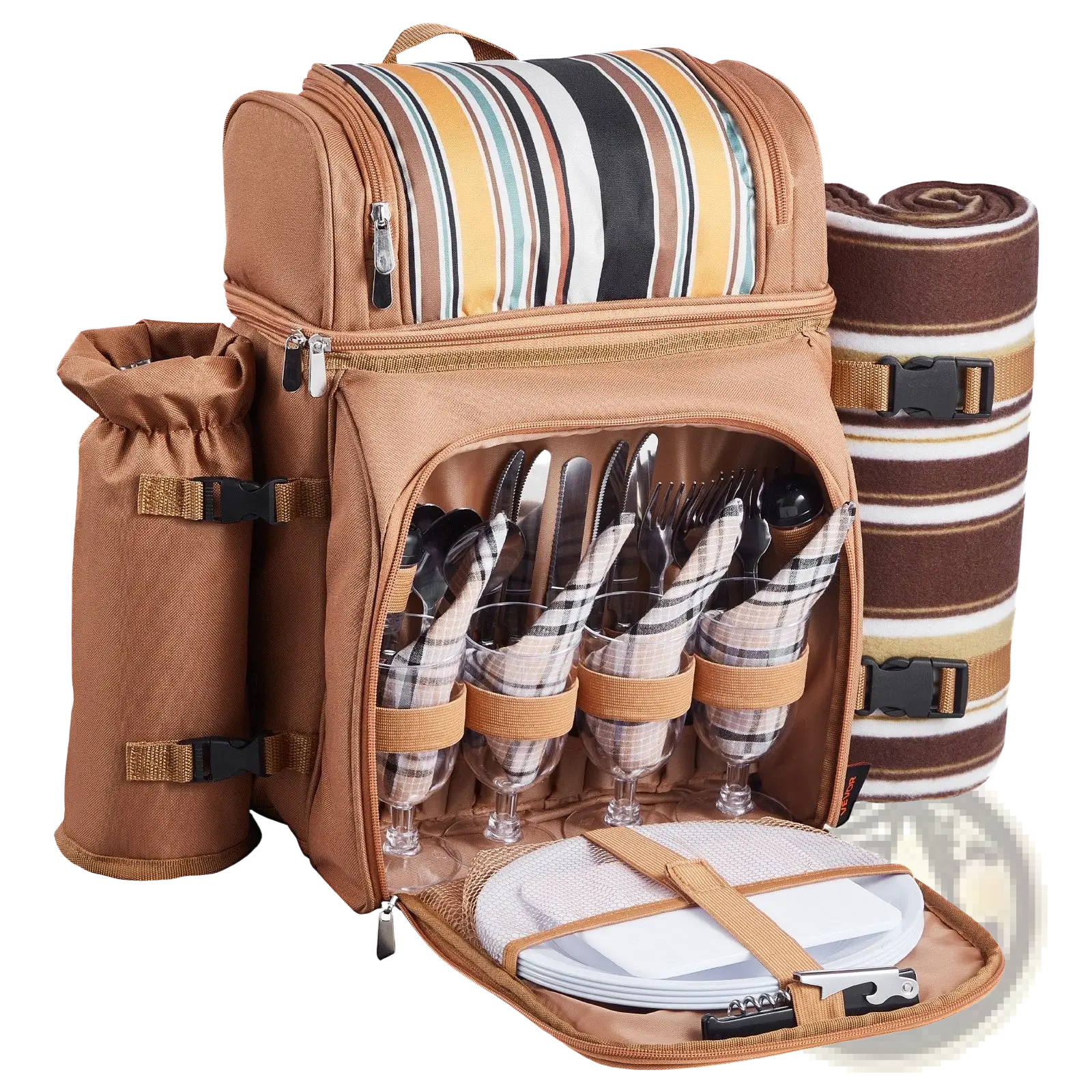 Tan canvas four person insulated picnic backpack with striped interior and compartments for plates glasses and cutlery