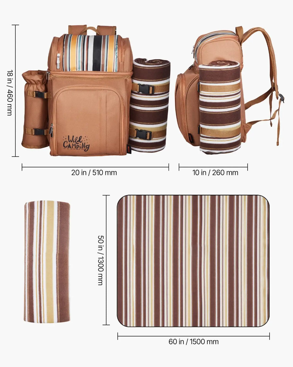 Brown and beige striped insulated canvas picnic blanket with matching backpack set for four person use