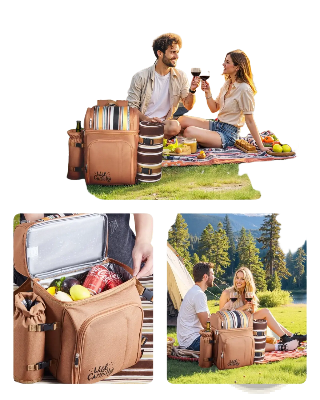 Brown insulated canvas picnic cooler with striped accents and wild camping logo for four person use