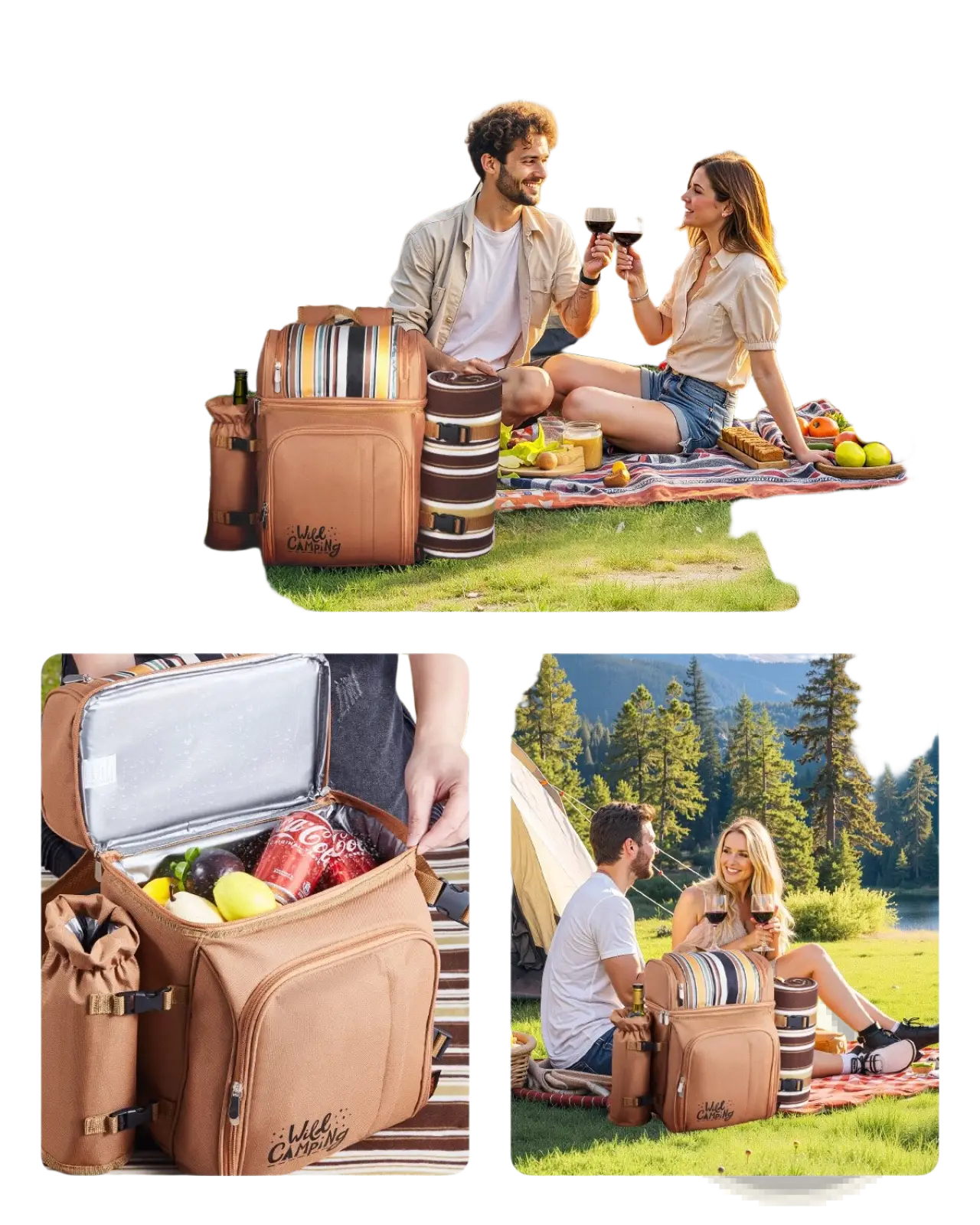 Brown insulated canvas picnic cooler with striped accents and wild camping logo for four person use