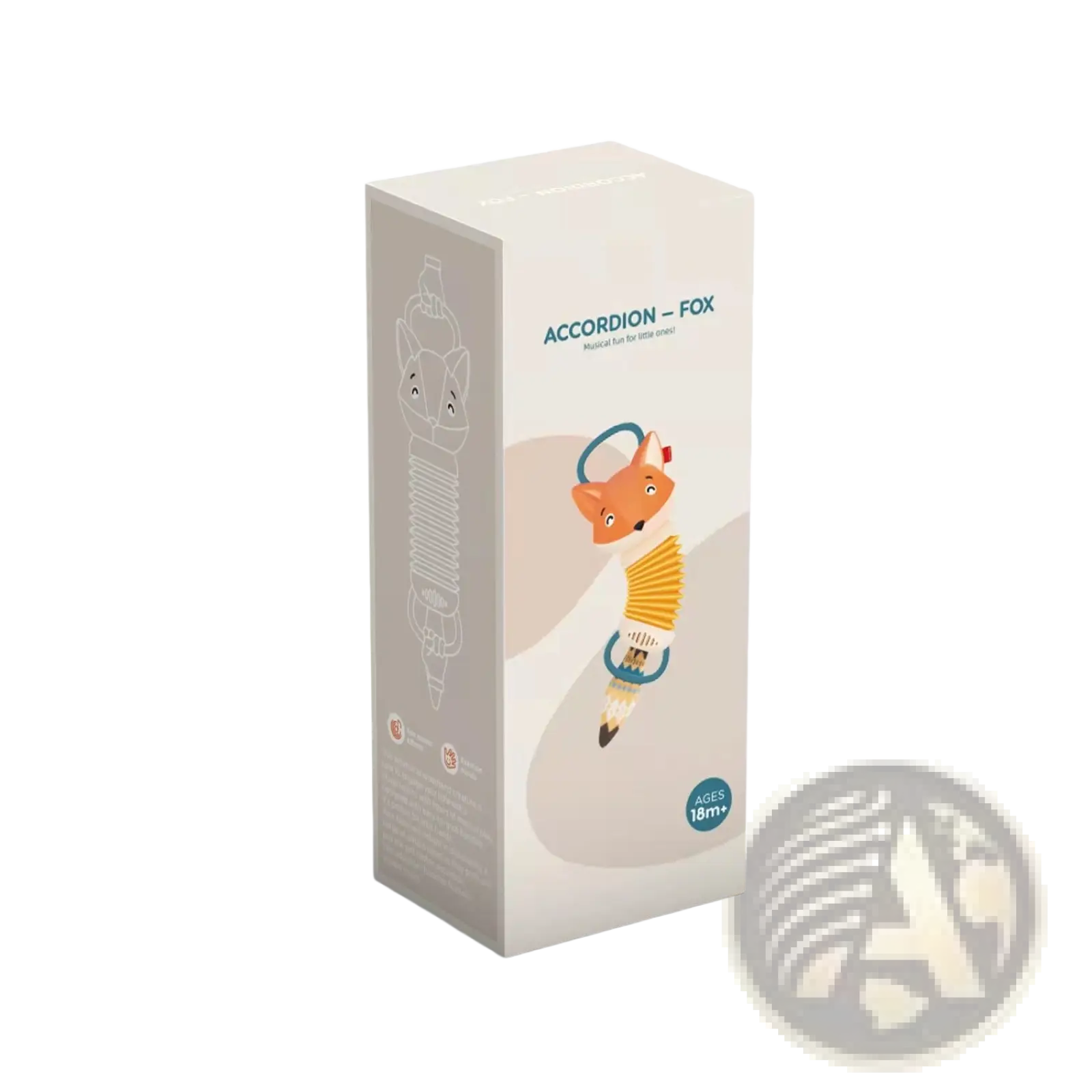 A beige cardboard box featuring a fox-shaped baby accordion musical toy illustration