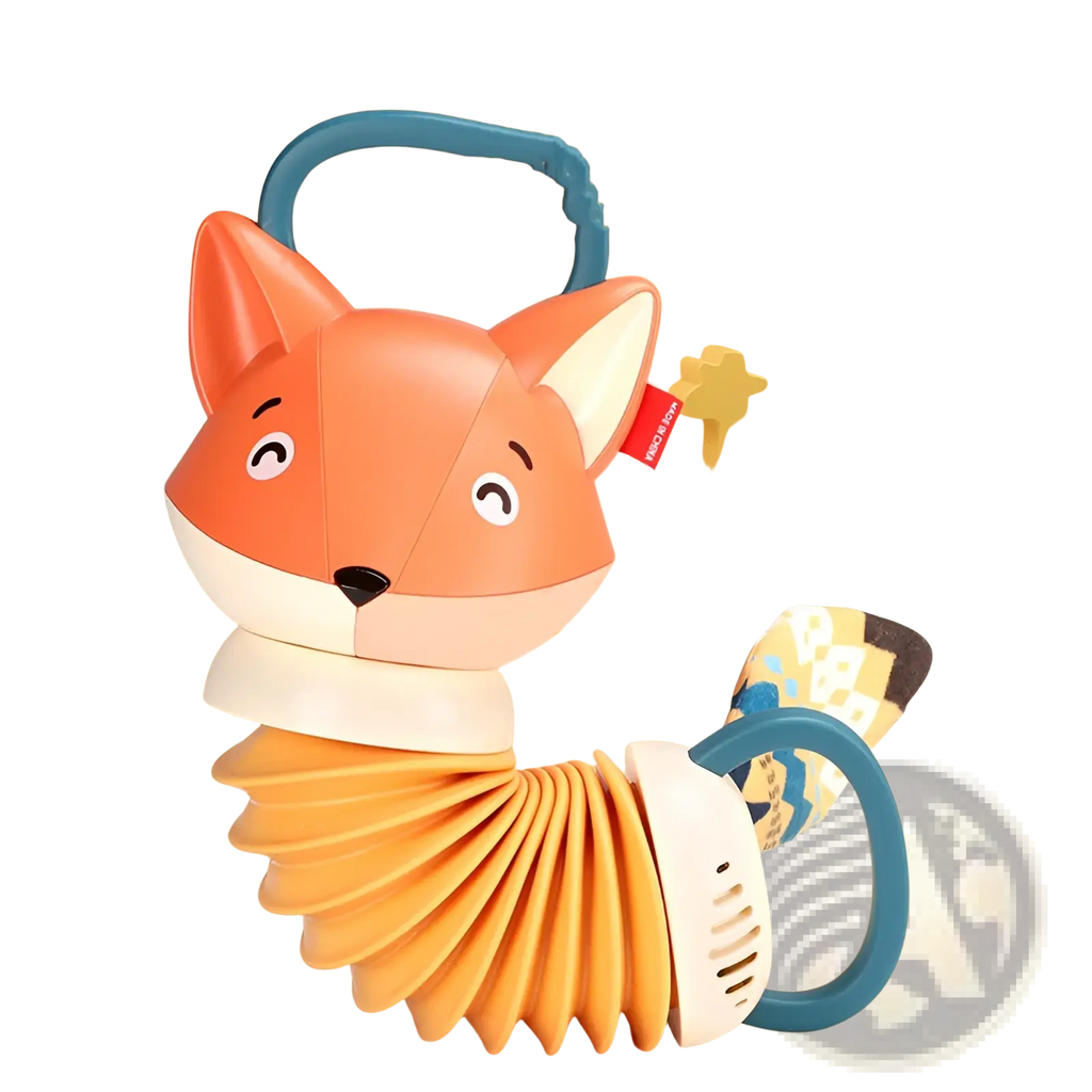 Orange fox-shaped baby accordion musical toy with flexible body and blue handles for infant play and sensory development
