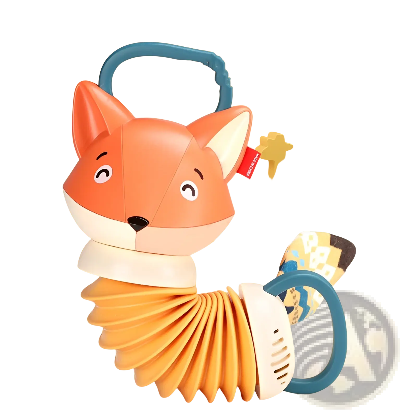 Orange fox-shaped baby accordion musical toy with flexible body and blue handles for infant play and sensory development