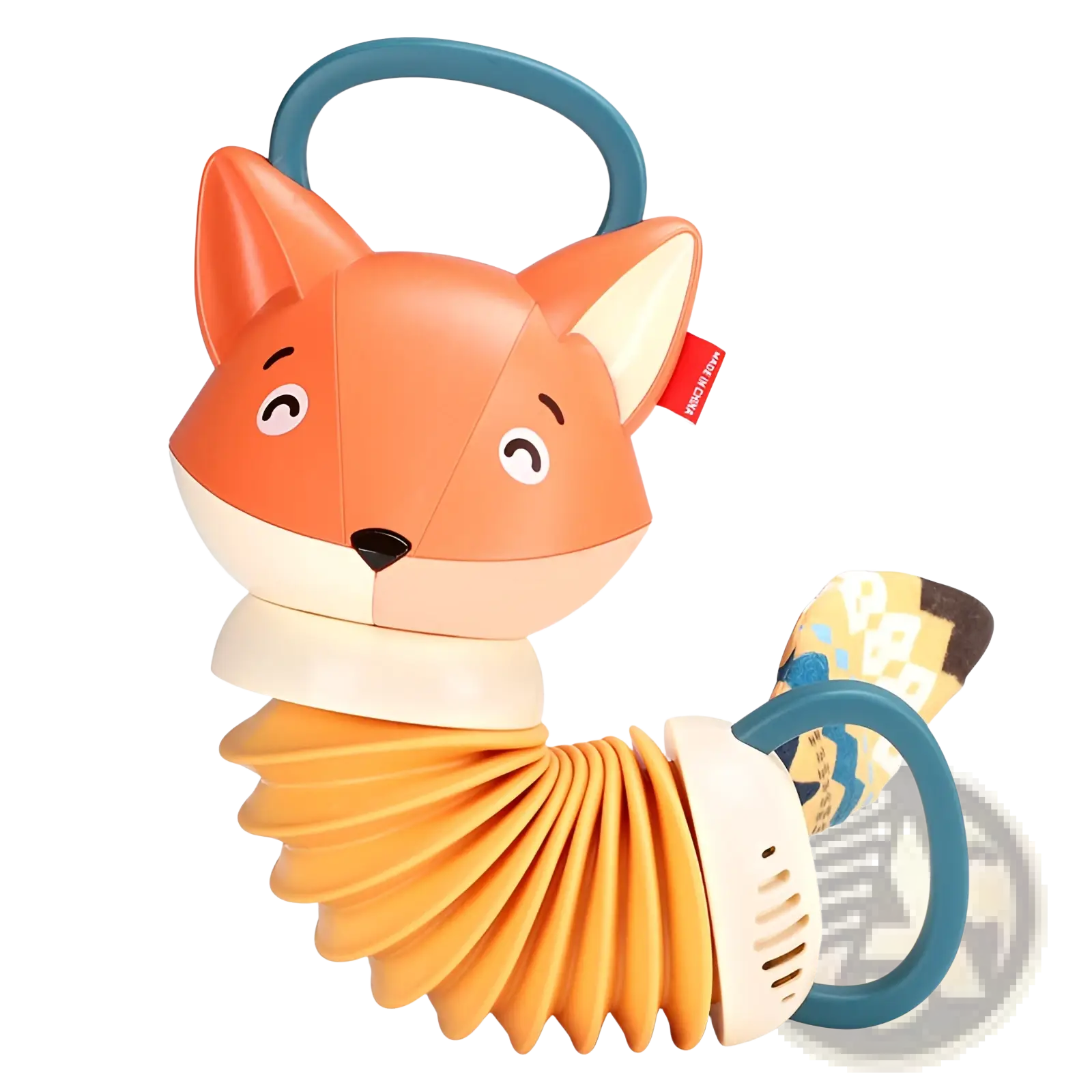 Orange fox-shaped baby accordion musical toy with flexible body and teal handles for sensory play