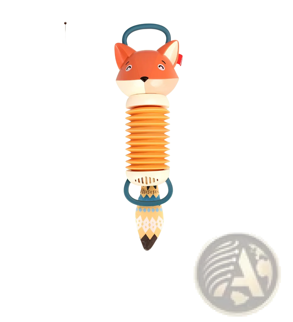 Fox baby accordion musical toy is a 36cm tall orange and cream fox-shaped rattle with flexible accordion body and teal handles