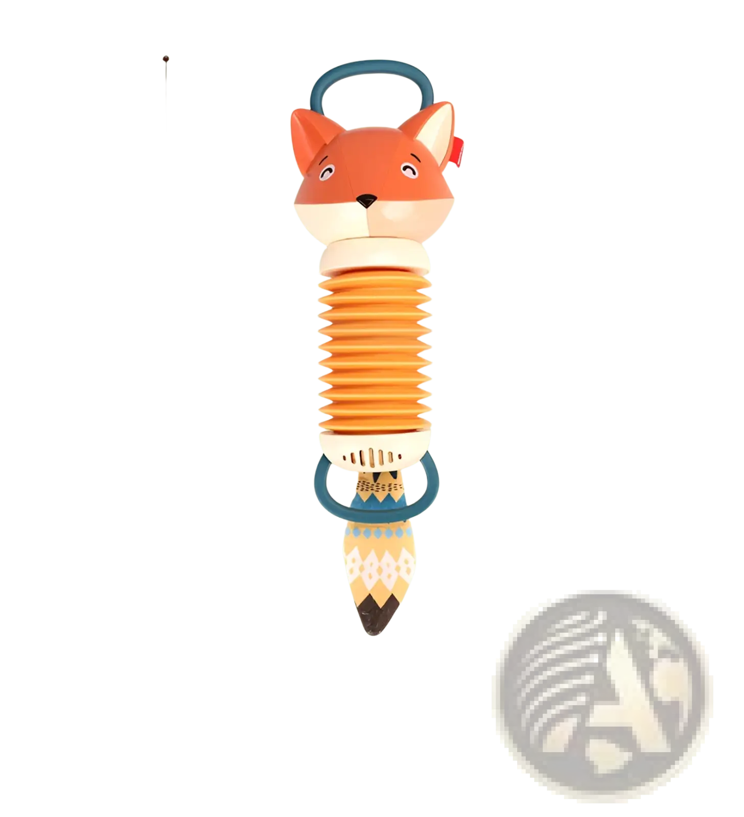 Fox baby accordion musical toy is a 36cm tall orange and cream fox-shaped rattle with flexible accordion body and teal handles