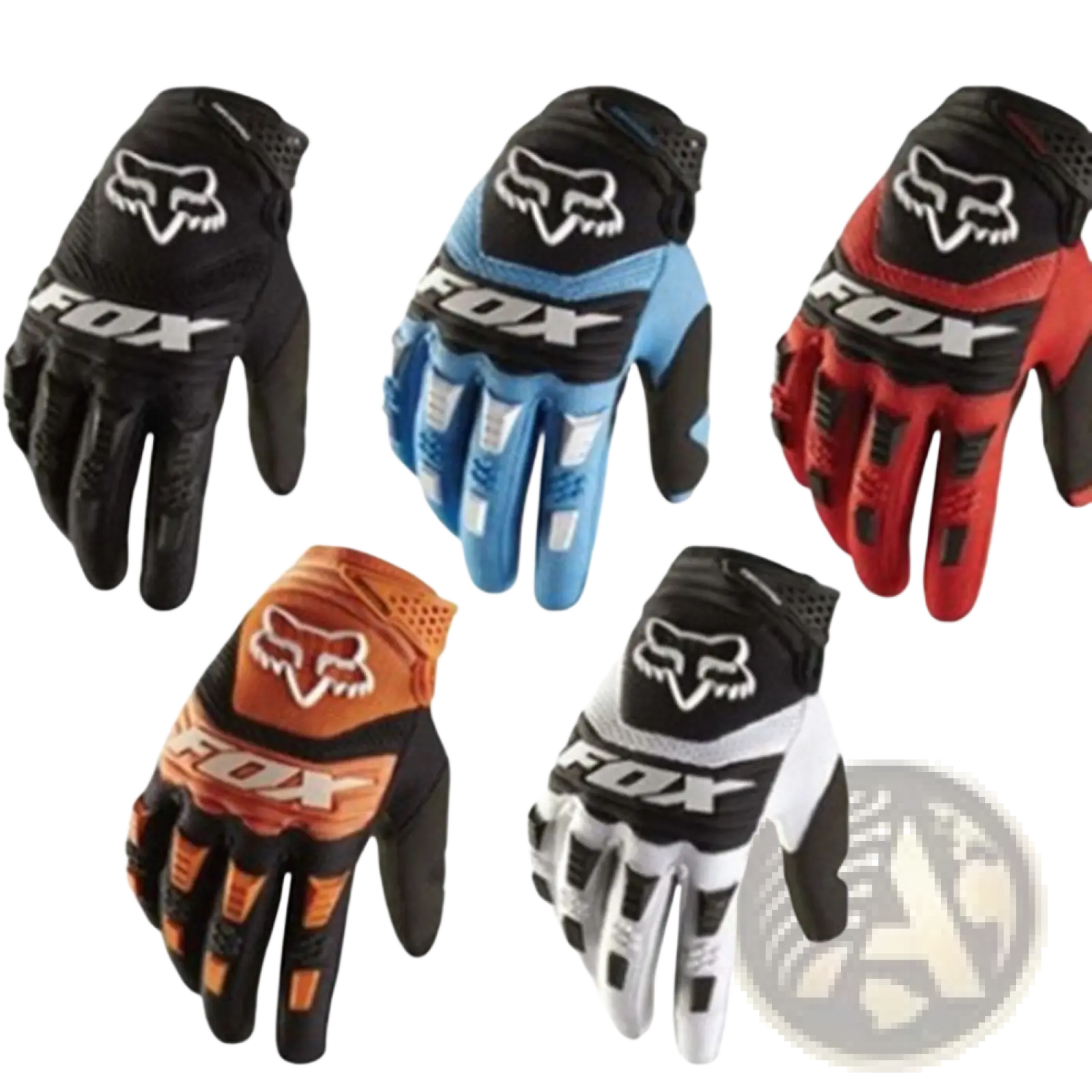 Fox racing motorcycle gloves with reinforced knuckle padding and breathable mesh panels in multiple colors back side view