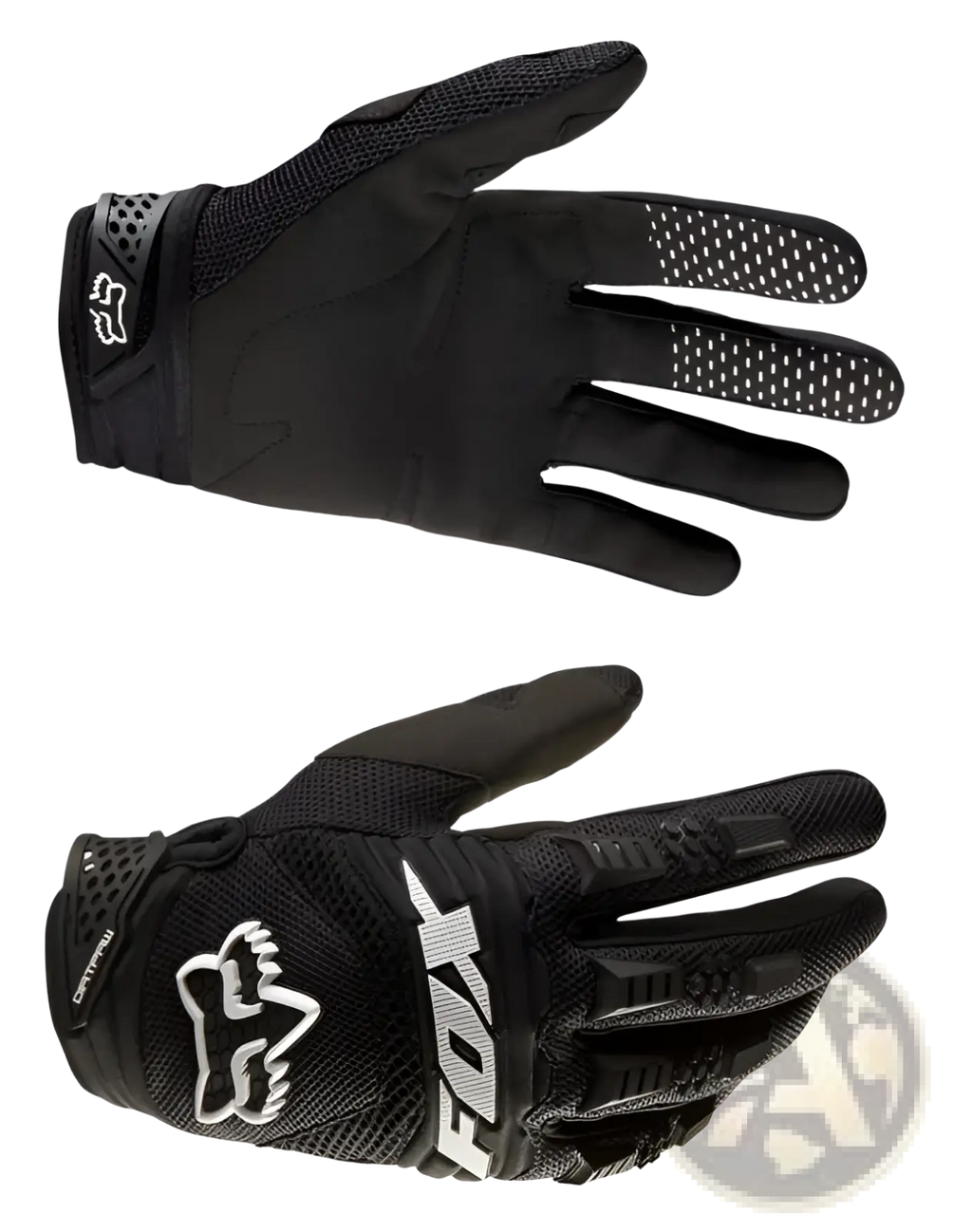 Black fox racing motorcycle gloves back side with white logo and breathable perforated mesh motocross protection