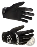 Black fox racing motorcycle gloves back side with white logo and breathable perforated mesh motocross protection