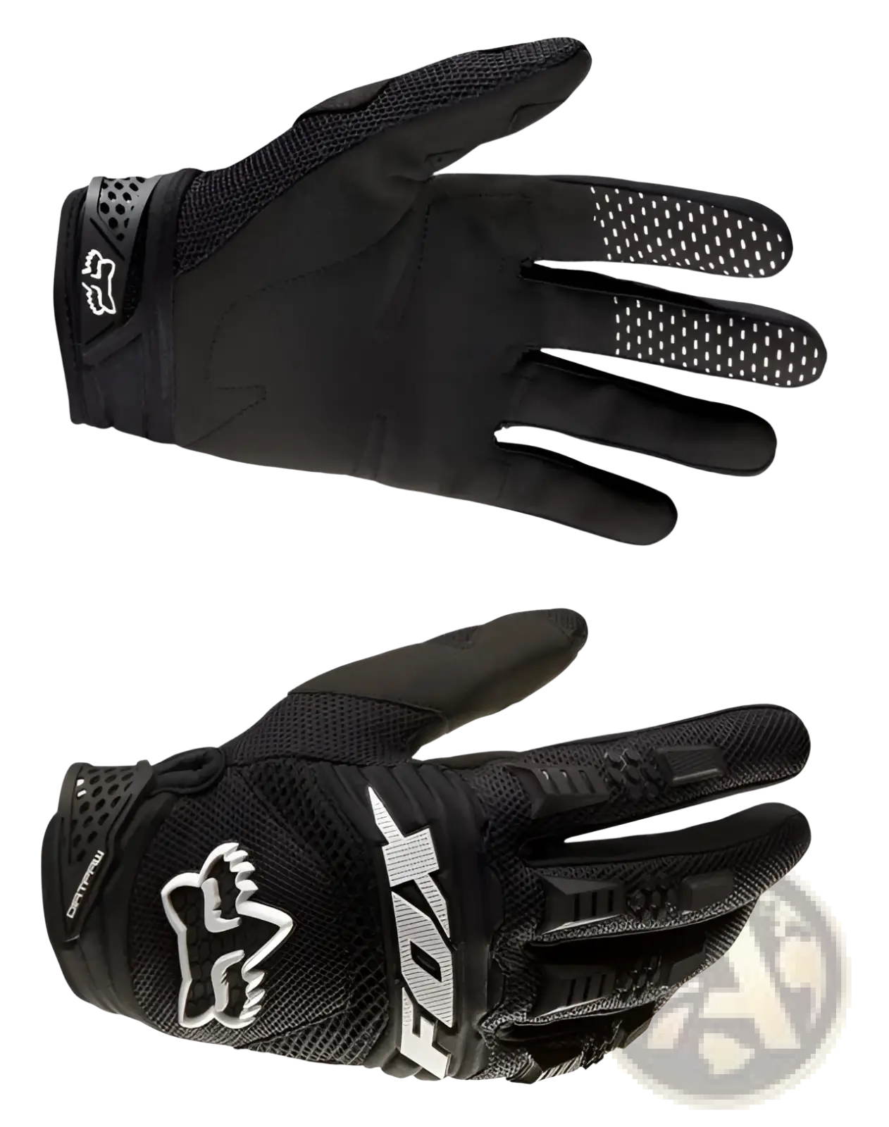 Black fox racing motorcycle gloves back side with white logo and breathable perforated mesh motocross protection