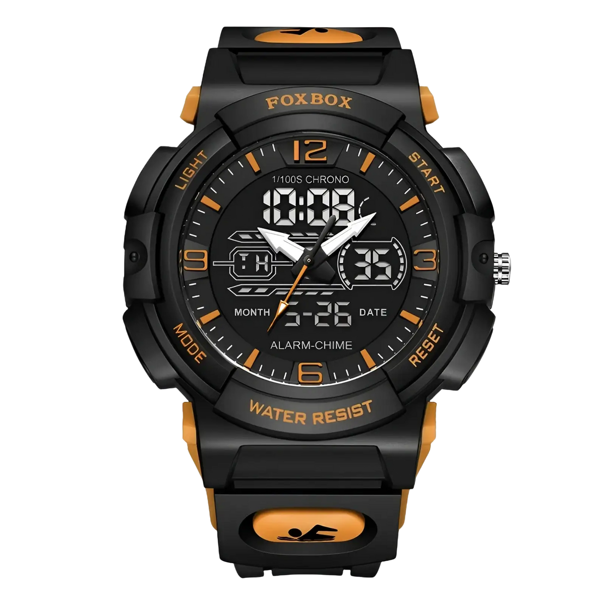 Foxbox digital sports watch in black and orange with a rugged rubber strap and digital-analog display