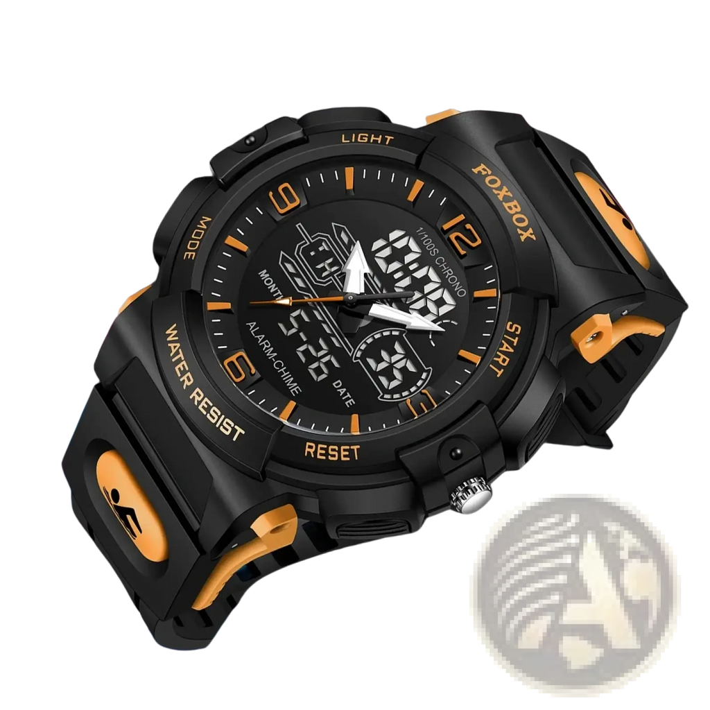 Foxbox digital sports watch black and orange with rugged analog hour markers and multifunctional led display face