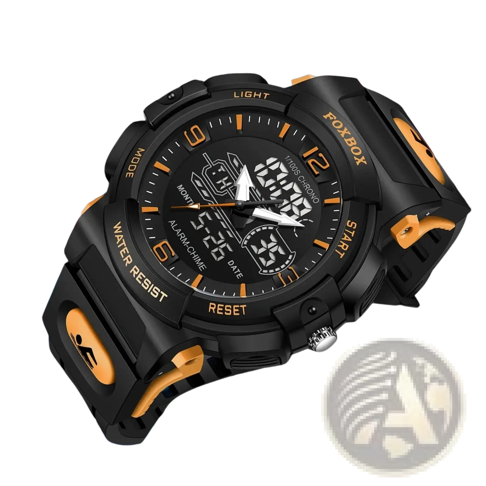 Foxbox digital sports watch black and orange with rugged analog hour markers and multifunctional led display face