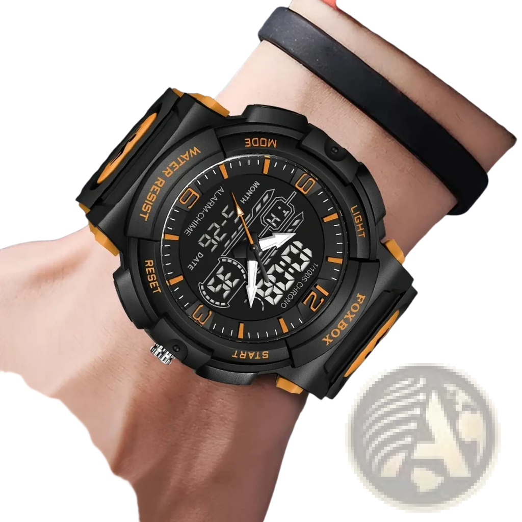 Foxbox digital sports watch black and orange with a rugged rectangular case and bold numerals for active use