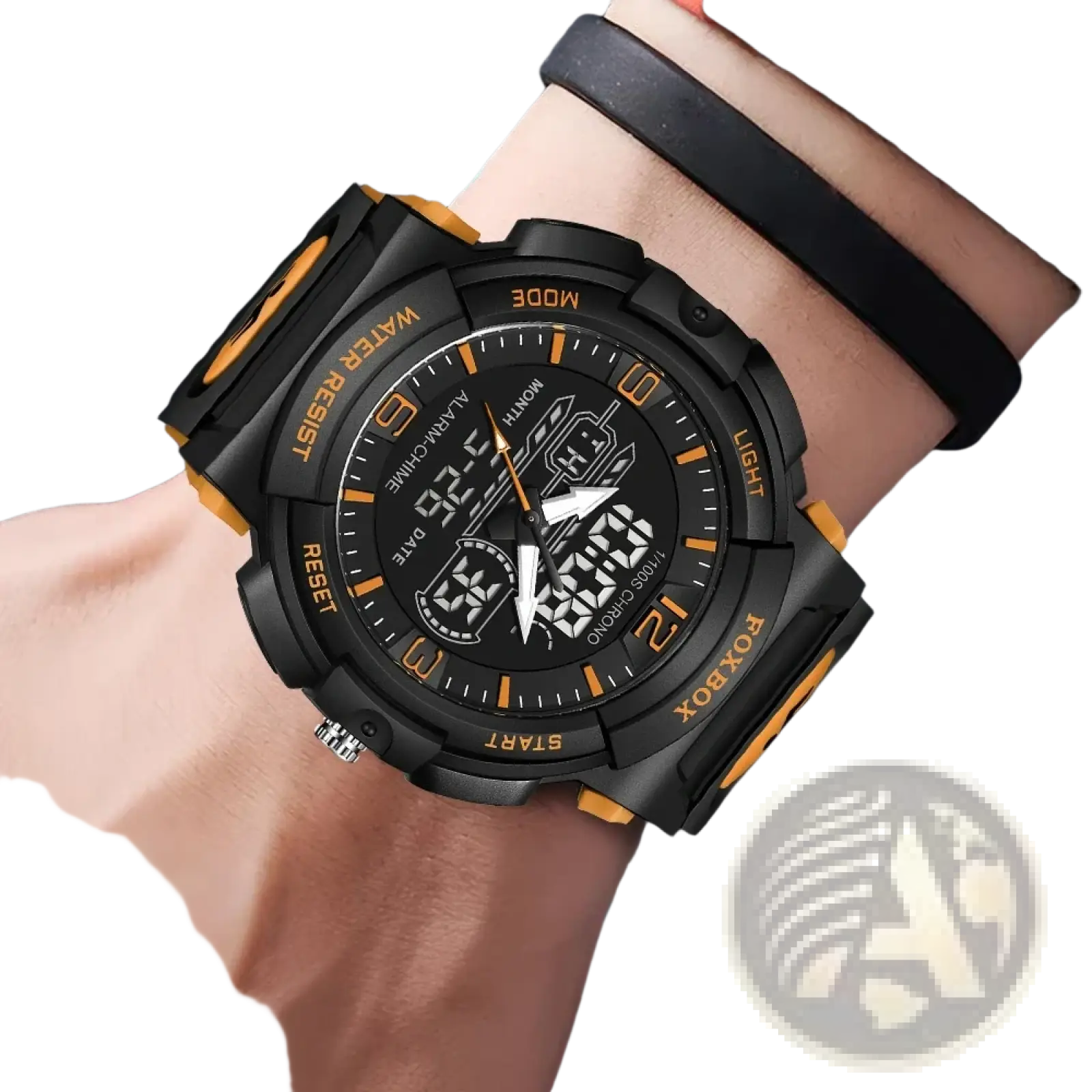 Foxbox digital sports watch black and orange with a rugged rectangular case and bold numerals for active use