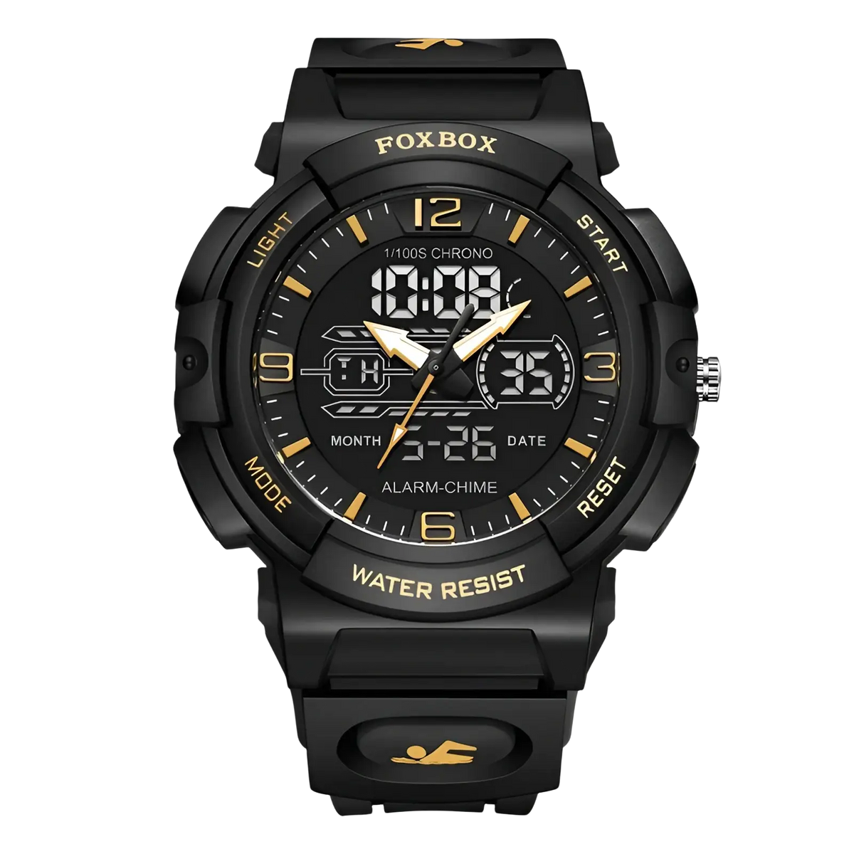 Foxbox digital sports watch black with orange accents featuring a black and gold digital-analog display