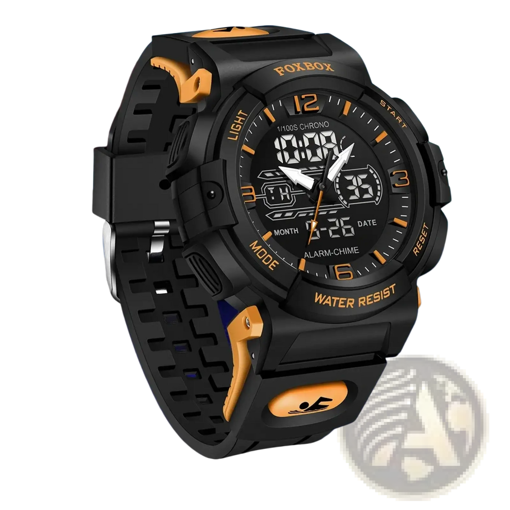 Foxbox digital sports watch black and orange with a rugged rubber strap and bold analog style dial