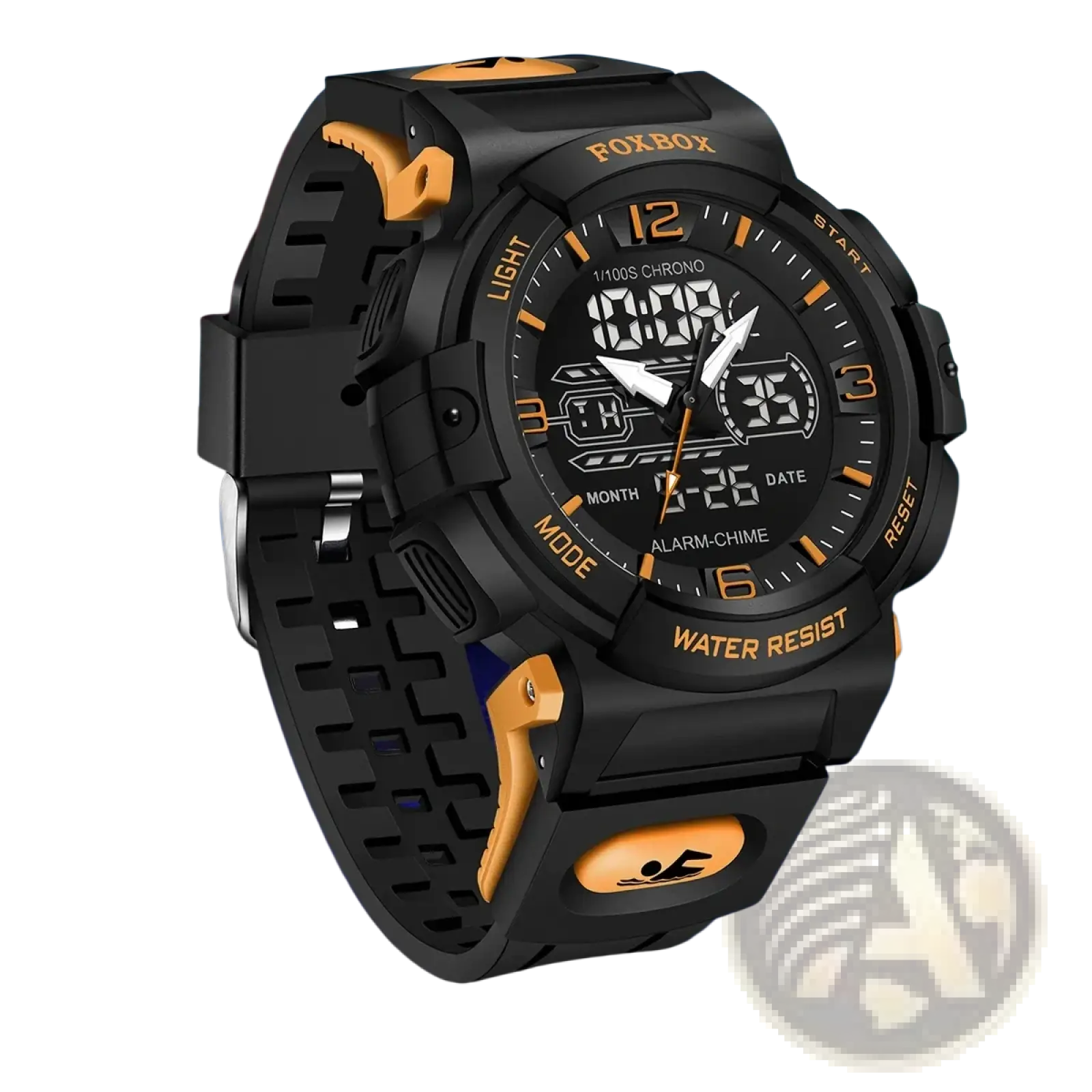 Foxbox digital sports watch black and orange with a rugged rubber strap and bold analog style dial
