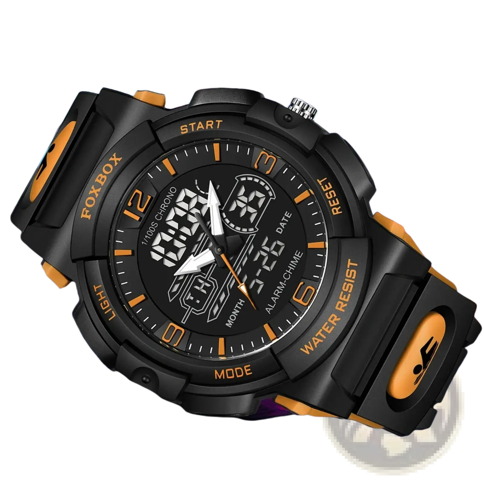 Foxbox digital sports watch in black and orange with a rugged analog-digital multi-functional design