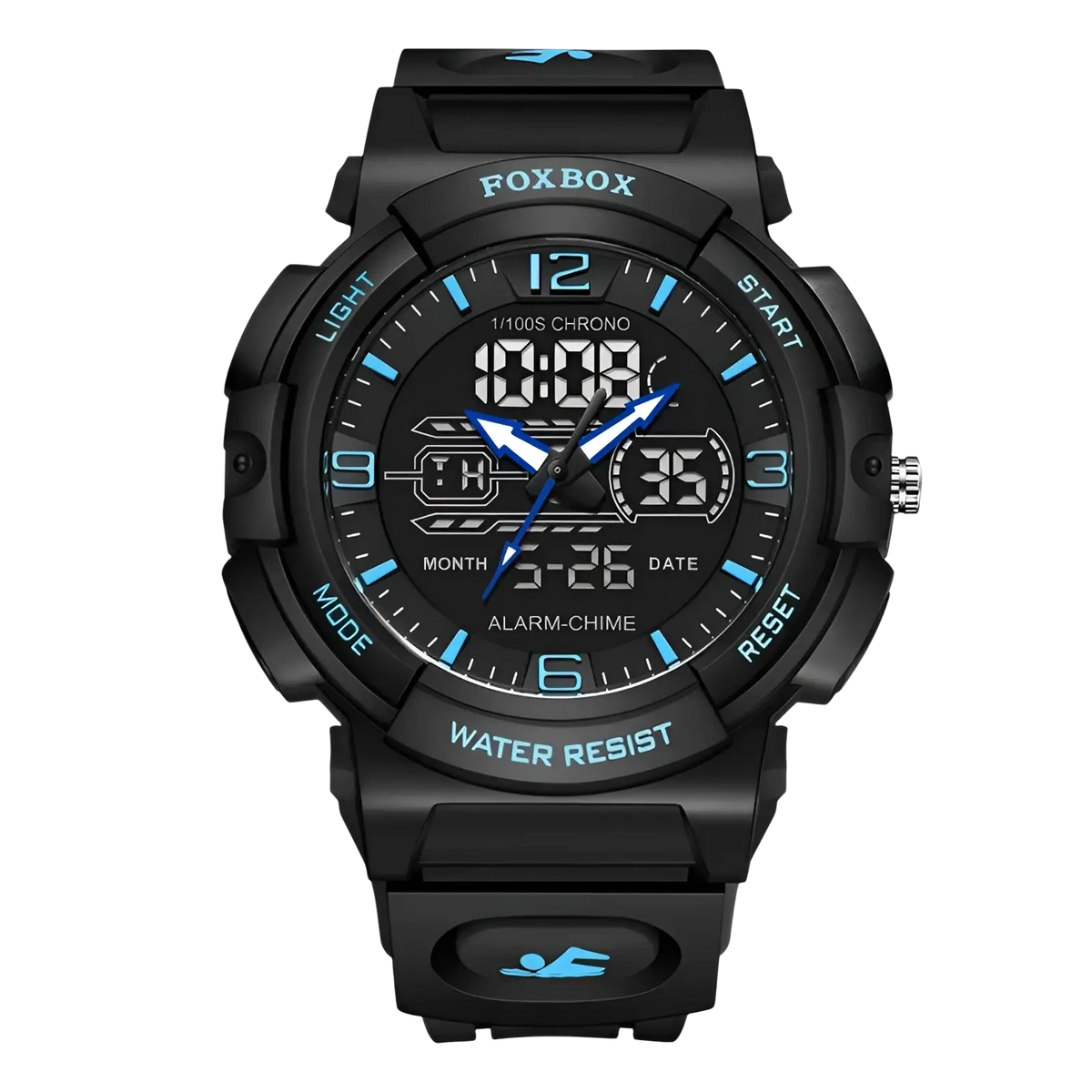 Black foxbox digital-analog sport watch with blue accents and water-resistant design for active use