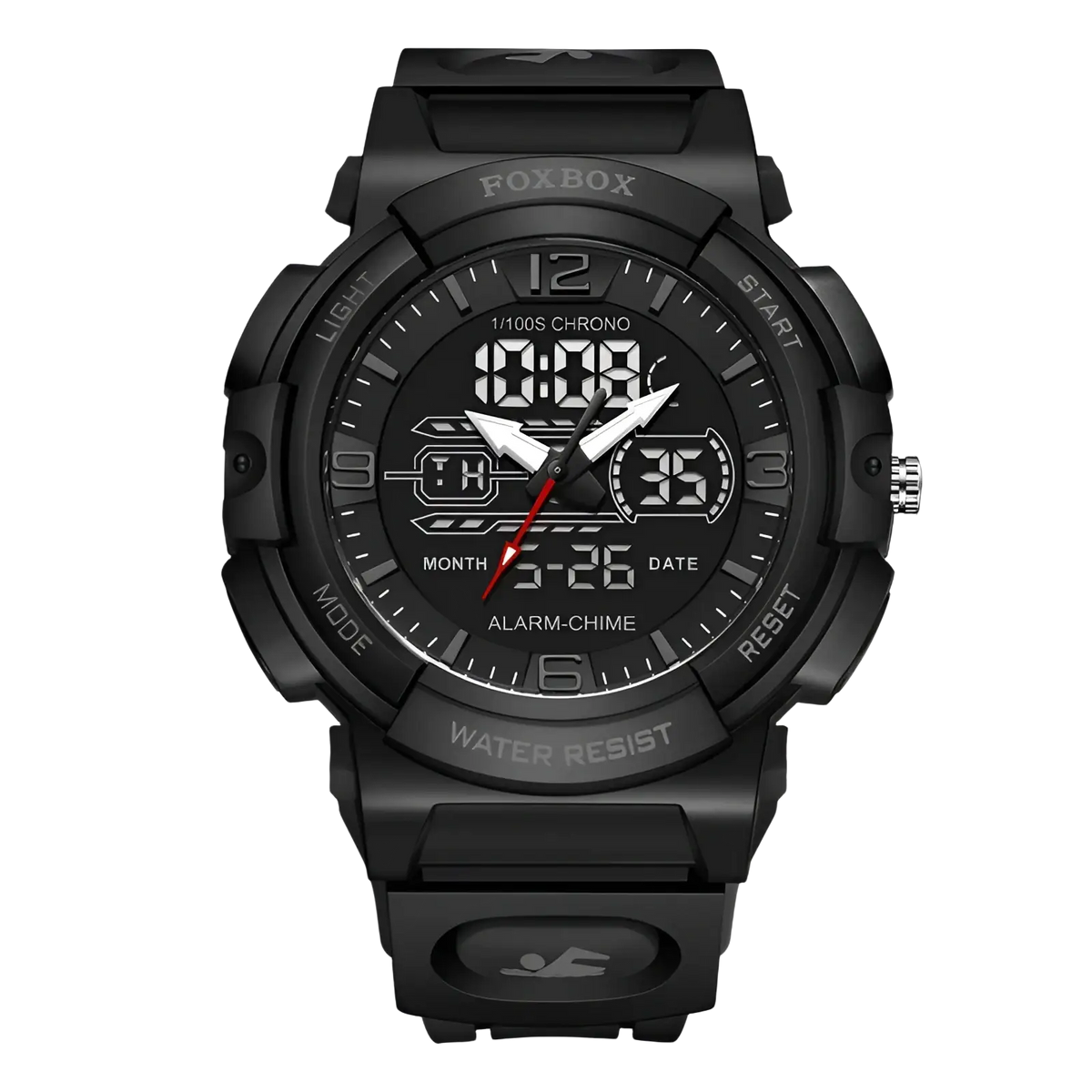 Black Foxbox digital-analog sport watch with rugged rubber strap and bold white numerals on dark dial in black and orange